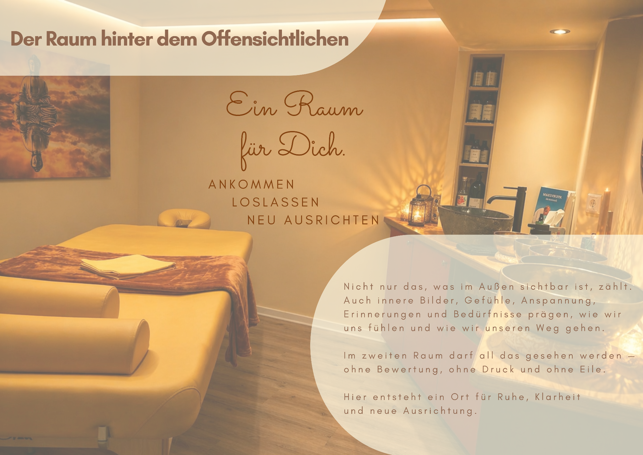 Der Raum hinter dem Offensichtlichen. Nicht nur das, was im Außen sichtbar ist, zählt. Auch innere Bilder, Gefühle, Anspannung, Erinnerungen und Bedürfnisse prägen, wie wir uns fühlen und wie wir unseren Weg gehen. Im zweiten Raum darf all das gesehen werden - ohne Bewertung, ohne Druck und ohne Eile. Hier entsteht ein Ort für Ruhe, Klarheit und neue Ausrichtung.